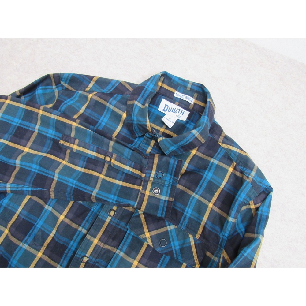Duluth Trading Co Untucked Flannel Shirt Mens Medium Blue Yellow Plaid Snap